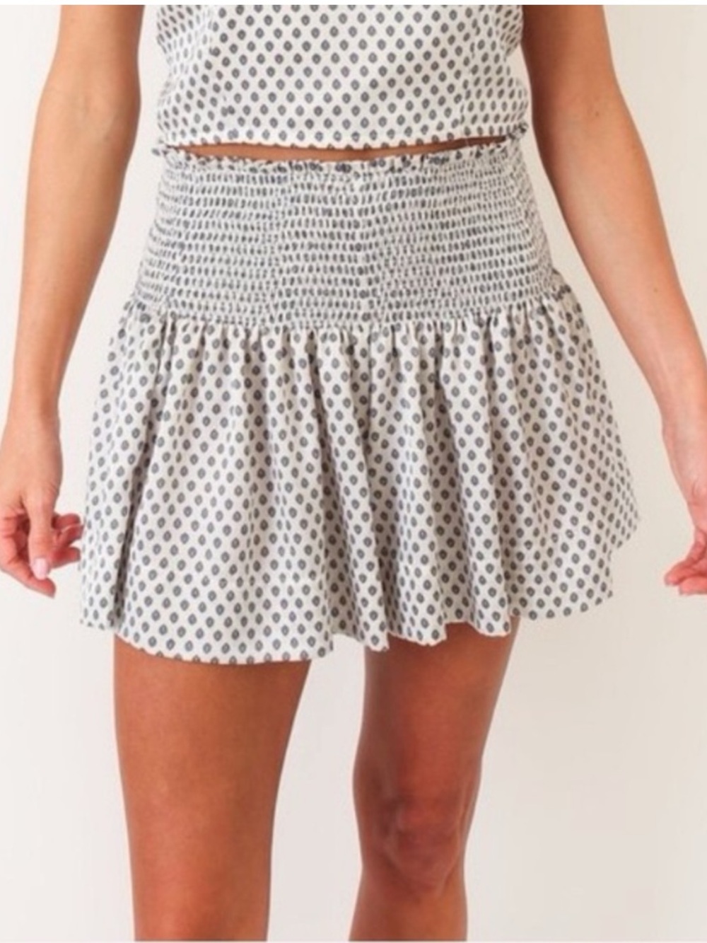KOCH Erica Skort White Blue Fleur De Lis Geometric Stamp Smocked Mini Size S